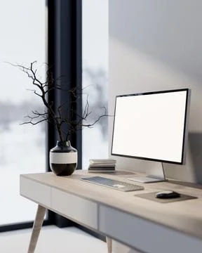 Computer and a black ceramic vase with dried branches placed on a table in .. Stock Illustration