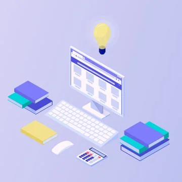 Computer and books distance learning isometric concept. Online school university Stockillustratie