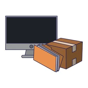 Computer and cardboard box with folder blue lines イラスト素材