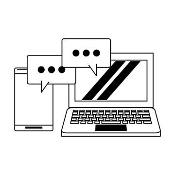 Computer and cellphone with speech bubble black and white Illustrazione stock