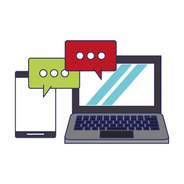 Computer and cellphone with speech bubble blue lines Illustrazione stock