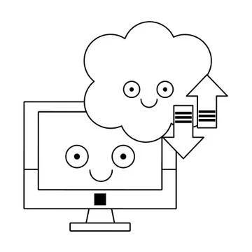 Computer and cloud computing technology in black and white Stock Illustration