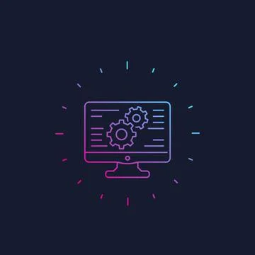 Computer and cogwheels, settings and configuration vector line icon Stock Illustration