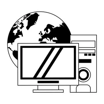 Computer and cpu internet connection in black and white Stock Illustration