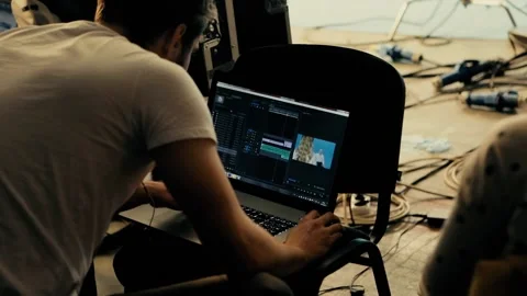 Computer and crew of the film crew. The work of the video studio Stock Footage