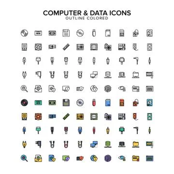 Computer and data outline colored icon set Stock Illustration