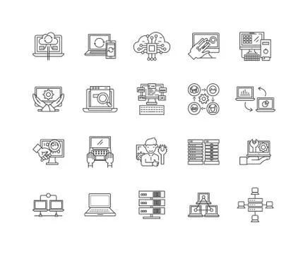 Computer and data processing service line icons, signs, vector set, outline Stock Illustration