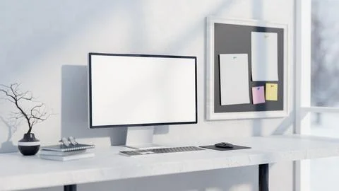 A computer and decor on a white table against a white wall with a memo boar.. Stock Photos