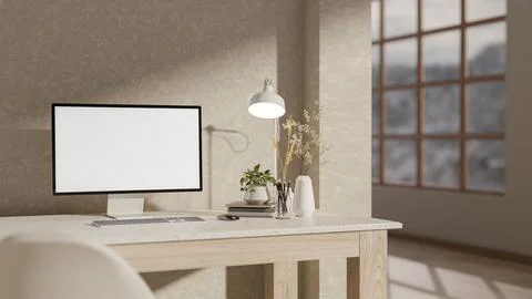 A computer and decorative items on a desk, set against a wall in a minimali.. Illustrazione stock