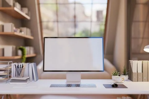 A computer and decorative items on a white desk in a cozy Scandinavia room. Stock Illustration