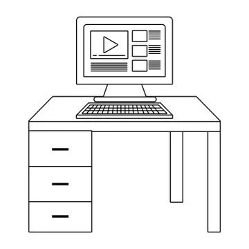 Computer and desk black and white Stock Illustration