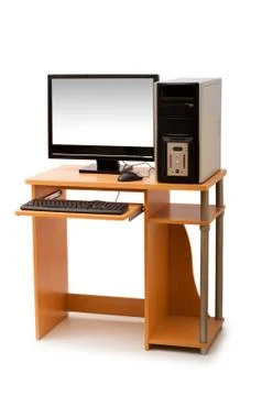 Computer and desk isolated on the white Stock Photos
