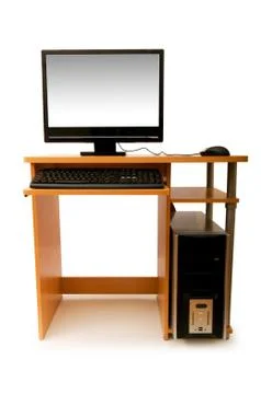 Computer and desk isolated on the white Foto stock