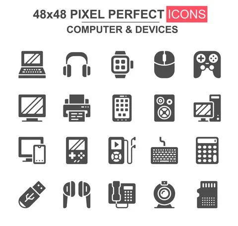 Computer and devices glyph icon set. Laptop, gamepad, printer, smartwatch, mp Stock Illustration