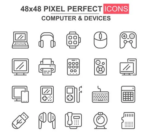 Computer and devices thin line icon set. Laptop, gamepad, printer, smart watc Stock Illustration