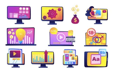 Computer and digital content vector illustrations set. イラスト素材