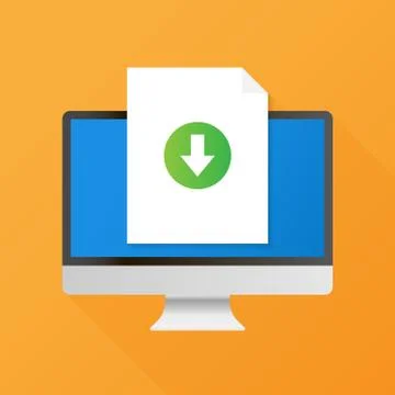 Computer and download file icon. Document downloading concept. Trendy flat de Stock Illustration