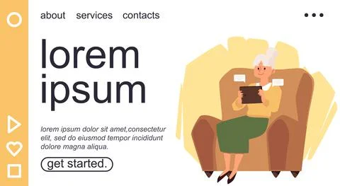 Computer and electronic devices for elderly website, flat vector illustration. Stock Illustration