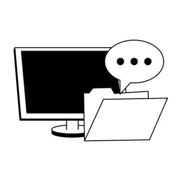 Computer and folder with chat bubble in black and white Stock Illustration