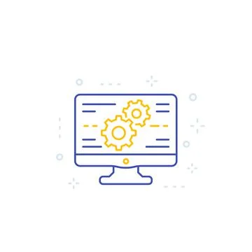 Computer and gears, cogwheels line icon, settings and configuration vector Illustrazione stock