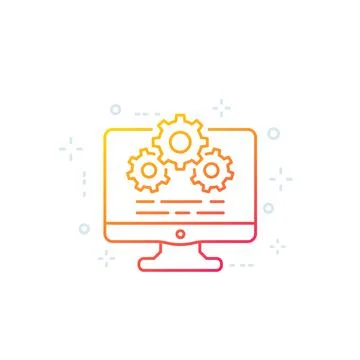 Computer and gears line icon, settings and configuration vector Illustrazione stock