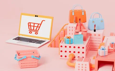 Computer and gifts with pink background, online shopping concept, 3d renderin 스톡 일러스트