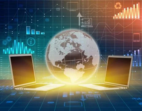 Computer and globe on abstract background business graph Illustrazione stock
