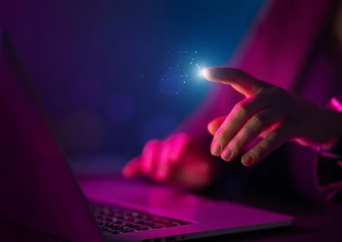 Computer and hands close up Stock Photos