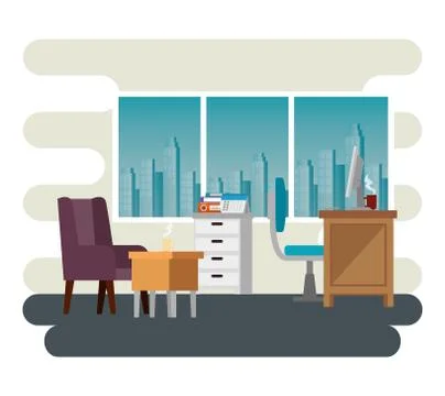 Computer and hot coffee cup with desk and chair イラスト素材