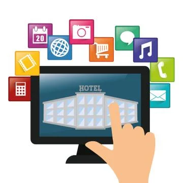 Computer and hotel digital apps design Illustrazione stock