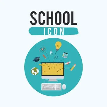 Computer and icon set of school inside circle design イラスト素材
