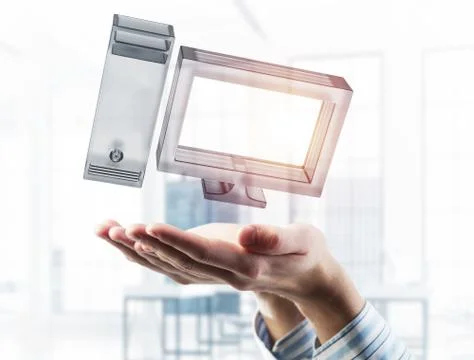 Computer and internet security concept presented by icon in male palm. Mixed Stock Photos