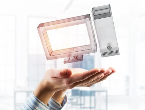 Computer and internet security concept presented by icon in male palm. Mixed Stock Photos