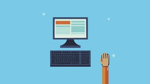 Computer and keyboard on blue background with animated hand using mouse, te.. 스톡 동영상 333606985