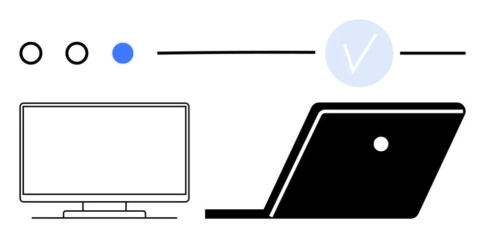 Computer and Laptop with Progress Indicators and Checkmark Symbolizing Task.. Stock Illustration