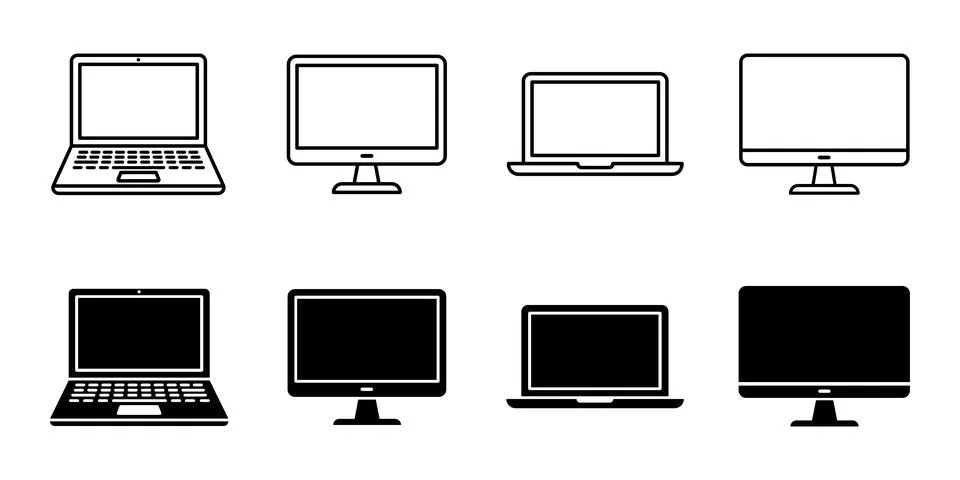 Computer and laptop vector icon set, thin line and solid glyph style isolat.. 스톡 일러스트