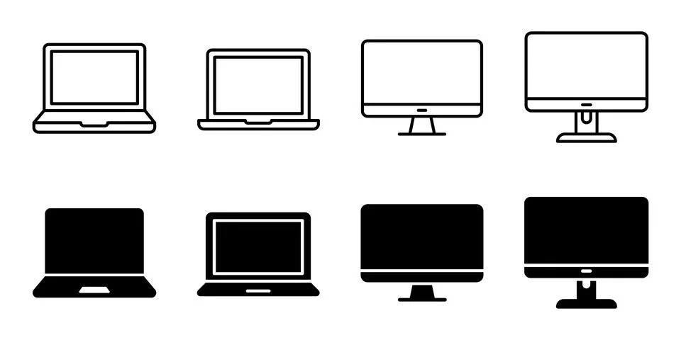 Computer and laptop vector icon set, thin line and solid glyph style isolated 스톡 일러스트