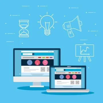 Computer and laptop in the website document information Stock Illustration