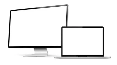 Computer and laptop with white screen on white background Illustrazione stock