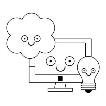 Computer and light bulb with cloud computing in black and white Stock Illustration