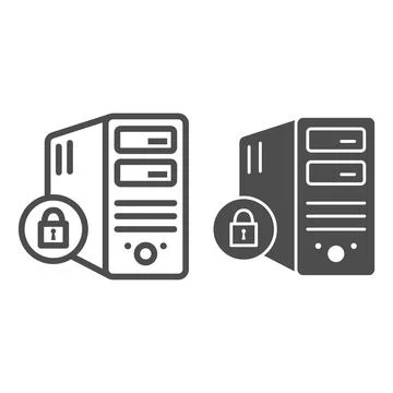 Computer and lock line and solid icon, Black bookkeeping concept, Closed server 스톡 일러스트