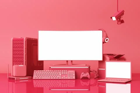 Computer and loptop white screen with many gadgets on teble in red tone. 3d r Illustrazione stock