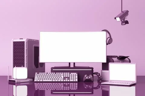 Computer and loptop white screen with many gadgets on teble in purple tone. 3 Illustrazione stock