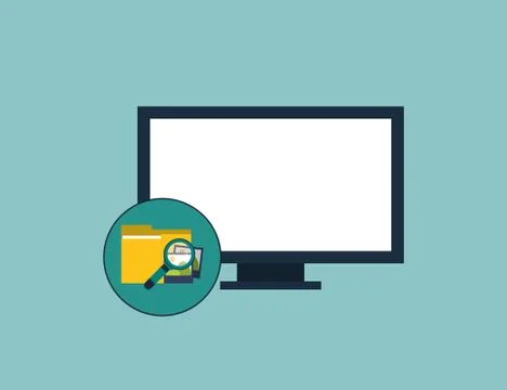 Computer and magnifying glass examining file folder icon 스톡 일러스트
