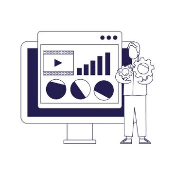 Computer and man holding a gear wheels, flat design イラスト素材