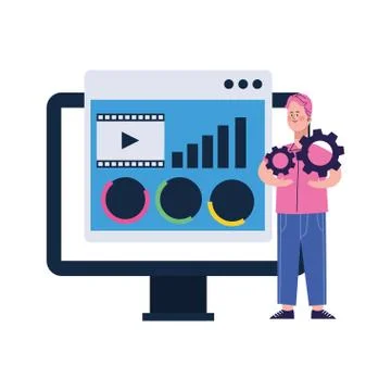 Computer and man holding a gear wheels, colorful design Illustration