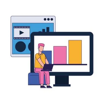 Computer and man using a laptop computer 스톡 일러스트