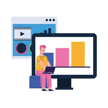 Computer and man using a laptop computer, colorful design Stock Illustration