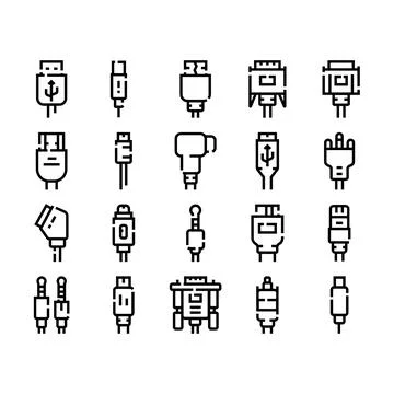 Computer and mobile device connectors line art icons Illustrazione stock