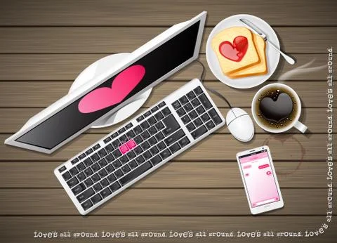 Computer and mobile phone with coffee and sliced bread Stock Illustration
